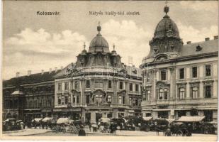 Kolozsvár, Cluj; Mátyás király tér, piac, Generali biztosító, Frank Kiss János fiai, Deutsch József és Jeney Lajos üzlete. Fuhrmann Miklós kiadása / square, amrket, insurance company, shops,