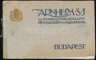 cca 1920 Arnheim S. J. páncélszekrény és tresor gyár képes termék katalógusa 28p. Zsinórfűzött papborítóval, aranyozott magyar címerrel. 24x16 cm Beragasztott ártáblázatokkal, kissé gyűrött.