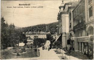 1913 Bártfafürdő, Bardejovské Kúpele, Bardiov, Bardejov; Sétatér, Deák szálloda, Erzsébet királyné szálloda, Kávéház, Szegő Sándor üzlete / promenade, hotels, cafe, shops