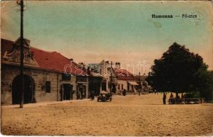 Homonna, Homenau, Humenné; Fő utca, Oroszlán szálloda, bor és sör csarnok, Hossza Gyula üzlete. Vasúti levelezőlapárusítás 3286. / main street, hotel beer and wine hall, shops (Rb)