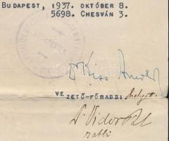 1937 Bp., a Budai Izraelita Hitközség rabbisága által kiállított, héber nyelvű házassági anyakönyvi ...