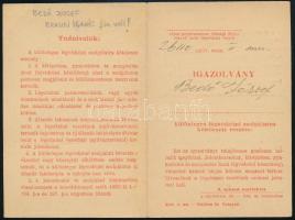 1943 Bp., Bedő József izraelita vallású tisztviselő részére kiállított igazolvány különleges légvédelmi szolgálatra való beosztásról, "Budapest Székesfőváros Központi Légoltalmi Nyilvántartó Hivatal" bélyegzővel