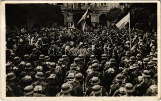 1938 Ipolyság, Sahy; bevonulás, katonák / entry of the Hungarian troops, soldiers (Rb) + &quot;1938 Ipolyság Az Első Visszatért Magyar Város&quot; So. Stpl.