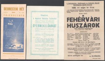 1939 4 db nyomtatvány: Fehérvári huszárok ceglédi színházi plakát, nagykőrösi gyermekelőadás plakátja, piaci árak szabályozása, hirdetmény, Debreceni hét reklám nyomtatvány