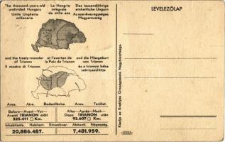 Trianon. Hátoldalon "Az ezeréves egységes Magyarország és a tiranoni béke szörnyszülöttje"...