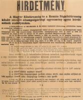 1949 A Magyar Köztársaság és a Román Népköztársaság között létrejött állampolgársági egyezmény egyes kérdéseinek szabályozása. Hirdetmény 40x48 cm Hajtva