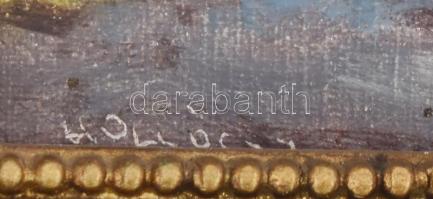 Hollós jelzéssel: Utcarészlet. Olaj, vászon, kartonon. 11,5x19 cm. Dekoratív, kissé sérült fakeretbe...