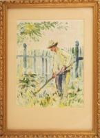 Olvashatatlan jelzéssel: Kertben. Monotípia, papír. 29x23 cm. Dekoratív, üvegezett fakeretben