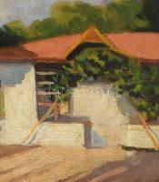 Fényes A jelzéssel: Virágos udvar. Olaj, karton. Dekoratív, sérült fakeretben, 30×39,5 cm