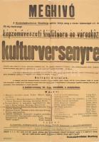 cca 1950 Kalocsa, meghívó a Szabadművelődési Bizottság által rendezett képzőművészeti kiállításra és városközi (Nagykőrös és Kalocsa közötti) kultúrversenyre, plakát, hajtva, kisebb foltokkal, gyűrődésekkel, 81x59 cm