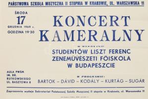 1969 Kraków, koncert kameralny w wykonaniu studentów Liszt Ferenc Zeneművészeti Főiskola w Budapeszcie / Krakkó, kamarazenei koncert a budapesti Liszt Ferenc Zeneművészeti Főiskola hallgatóinak előadásában, lengyel nyelvű plakát, hajtva, 42,5x60,5 cm