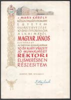 1958 Bp., a Marx Károly Közgazdaságtudományi Egyetem által kiállított rektori elismerő oklevél, Háy László (1891-1975) közgazdász, orvos, politikus, egyetemi tanár, az MTA tagja, az egyetem rektorának aláírásával, szárazbélyegzővel, kézzel rajzolt, Kádár-címeres grafikával. A lap minimálisan foltos, 32x22,5 cm