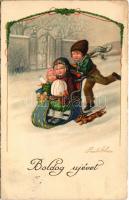 1930 Boldog újévet! Szánkózó gyerekek / New Year greeting, children sledding. A.R. No. 2788. s: Pauli Ebner (EK)