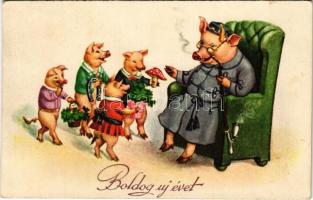 Boldog újévet! malac család / New Year greeting, pig family. WSSB 8909. (Rb)