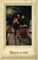 1912 Boldog újévet! kéményseprő gyerekek / New Year greeting, chimney sweeper children. litho (Rb)