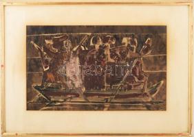 Olvashatatlan jelzéssel (olasz festő?): Evezők (gondolások?). Vegyes technika, papír. Üvegezett, kis...