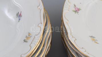 Zsolnay 12 darab tányér: 6 db lapos, 6 db mély, jelzett, kopással, közte repedt darabbal, d: 24 cm