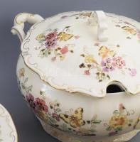 Zsolnay pillangó mintás hat személyes 34 darabos étkészlet, kiegészítőkkel. Kézzel festett, jelzett,...