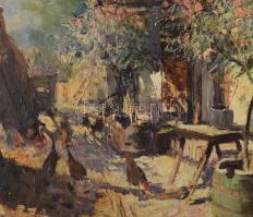 Ujváry Ferenc (1898-1971): Virágos udvar. Olaj, vászon. Jelezve balra lent. Dekoratív fakeretben, 60...