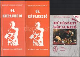 1984-1993 BÁV aukciós katalógusok, 3 db: 64., 65. Képaukció, 90. Művészeti Képaukció. Az első két katalógusban ceruzás leütési árakkal.