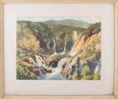 Kutas Artúr (1907-1998): Plitvice, vízesés, 1972. Akvarell, papír. Jelezve balra lent. Üvegezett fak...