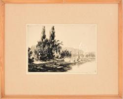 Paulovits Pál (1892-1975): Új park Budán. Rézkarc, papír, jelzett. Foltos. Fakeretben, 20×29,5 cm.