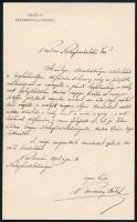 1908 Kolozsvár, Kenessey Béla (1858-1918) erdélyi református püspök, főrendiházi tag autográf köszönő levele egy legátushoz, fejléces papíron.