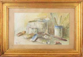 Páldy Zoltán (1884-1939): Csendélet festőecsetekkel, Temesvár, 1930. Akvarell, papír. Jelezve balra ...