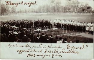 1903 Budapest XIII. Margitsziget, bpesti m. kir. posta és távirda "Sport" egyesületének zászló szentelése május 7-én. photo (EK)