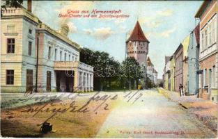 1915 Nagyszeben, Hermannstadt, Sibiu; Theater und Befestigungstürme / színház, erődtornyok / theatre, towers (Rb)