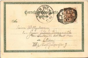 1896 (Vorläufer) Pola, Pula; Tegetthoff Monument, Riva m. Stabsgebäude, Thurengeschütz aus SMS Kronp...