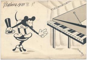 Mickey egér zongorázik. Klösz korai Disney képeslap / Mickey Mouse plays the piano. Early Hungarian Disney postcard s: Bisztriczky (szakadások / tears)