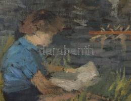 Jelzés nélkül, XX. sz. második fele: Vízparton olvasó lányka. Olaj, farost. Fakeretben. 33,5x46 cm