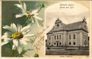 1900 Igló, Zipser Neudorf, Spisská Nová Ves; Evangélikus templom. Szútor Tivadar kiadása / Lutheran church. Art Nouveau floral litho (EK)