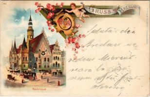 1900 Wroclaw, Breslau; Rathaus / town hall. Art Nouveau, floral, litho with coat of arms (crease)