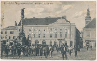 1910 Nagyszombat, Tyrnau, Trnava; Ferenc József tér, Szentháromság szobor, Bauer Károly, Magran Miksa és fia és Smekal és fia üzlete / square, monument, shops (fl)