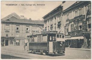 1907 Temesvár, Timisoara; Belváros, Szent György tér, Farber Miksa, Szeibert Péter, Klein, Berger Ármin üzlete, Országos Korona Takarékpénztár, villamos, Áruház az angol szabóhoz. Kiadja Gerő Manó / square, shops, savings bank, tram (EK)