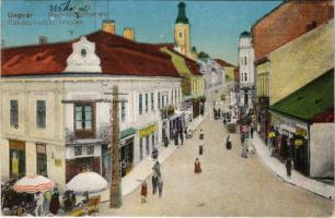 1920 Ungvár, Uzshorod, Uzhhorod, Uzhorod; Nagyhíd és Rákóczi utca, piac, üzletek / street, market, shops (EK)