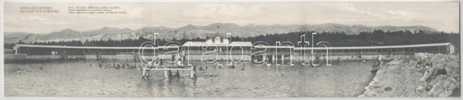 Kraljevica, Portoré, Porto Ré; Prvo hrvatsko odlikovano morsko kupaliste / Erstes prämiiertes croatisches Seebad / tengerparti üdülőhely. 3-részes kihajtható panorámalap / Croatian seaside resort, beach, bathers. 3-tiled folding panoramacard