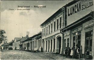 Borgóprund, Borgó-Prund, Prundu Bargaului; Fő utca, Hotel Luncan szálloda, Sajovics Izidor üzlete / Strada principala / main street, hotel, shops (EK)