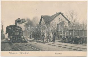 1911 Billéd, Biled; vasútállomás, gőzmozdony, vonat. A. Weiser Photographisches Atelier / railway station, locomotive, train (EB)