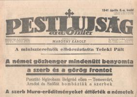 [II. Világháború] Pesti Újság. 1941. április 8. (Napilap, III. évfolyam 79. szám) &quot;A német gőzhenger mindenütt benyomta a szerb és görög frontot -- Pusztító légiroham Belgrád ellen - Temesvárt, Aradot és Szófiát bombázták a szerbek -- Hitler napiparancsa a félkeleti hadsereghez: Katonáim! Elérkezett az órátok!&quot;. Félbehajtva, jó állapotban.