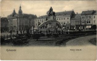 Kolozsvár, Cluj; Mátyás király tér és szobor, gyógyszertár, Reil és Tokos üzlete / square and statue, shops, pharmacy