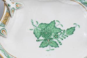 Herendi zöld Apponyi mintás levél alakú ékszeres tálka. Jelzett, kézzel festett, 14,5x11,5 cm