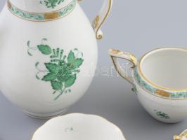Herendi zöld Apponyi mintás teás készlet, jelzett, kis pattogzással, cukortartó nélkül