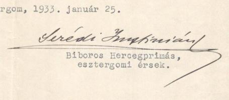 1933 Serédi Jusztinián (1884-1945) bíboros hercegprímás levele, amelyben Rónai Paula szociális testv...