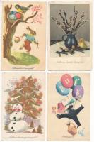 24 db MODERN magyar retro grafikai üdvözlő képeslap. Képzőművészeti Alap: főleg Húsvét, Karácsony és Újév / 24 modern Hungarian retro greeting graphic postcards: mostly Easter, Christmas and New Year