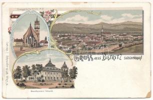 Beszterce, Bistritz, Bistrita; Látkép, evangélikus templom, Iparegyesület / Kirche, Gewerbevereins Gebaude / general view, church, trade union building, Craftsmen Association. Schneider &amp; Lux No 1065. Art Nouveau, floral, litho (EB)