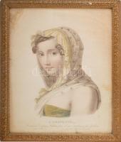 L'Amabalité, színezett litográfia, papír. XIX. sz. Foltos. 49x37 cm. Üvegezett, sérült fakeretb...