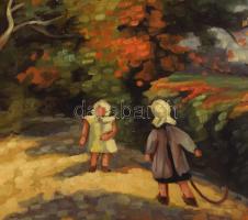 Jelzés nélkül: Játszó gyerekek. Olaj, fa. Felületi sérülésekkel. 40x50 cm